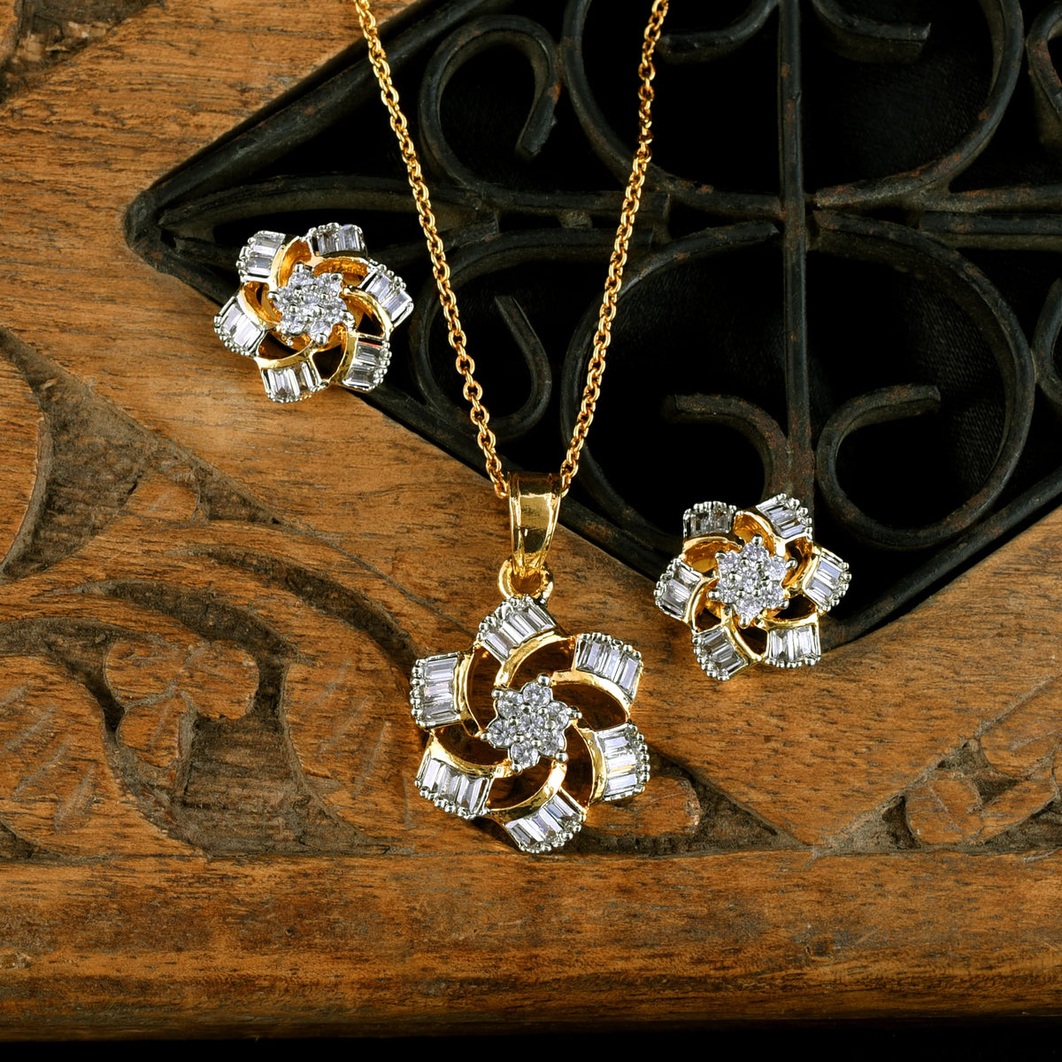 Lustrous Stardust Diamond Pendant Set with Chain and Earrings