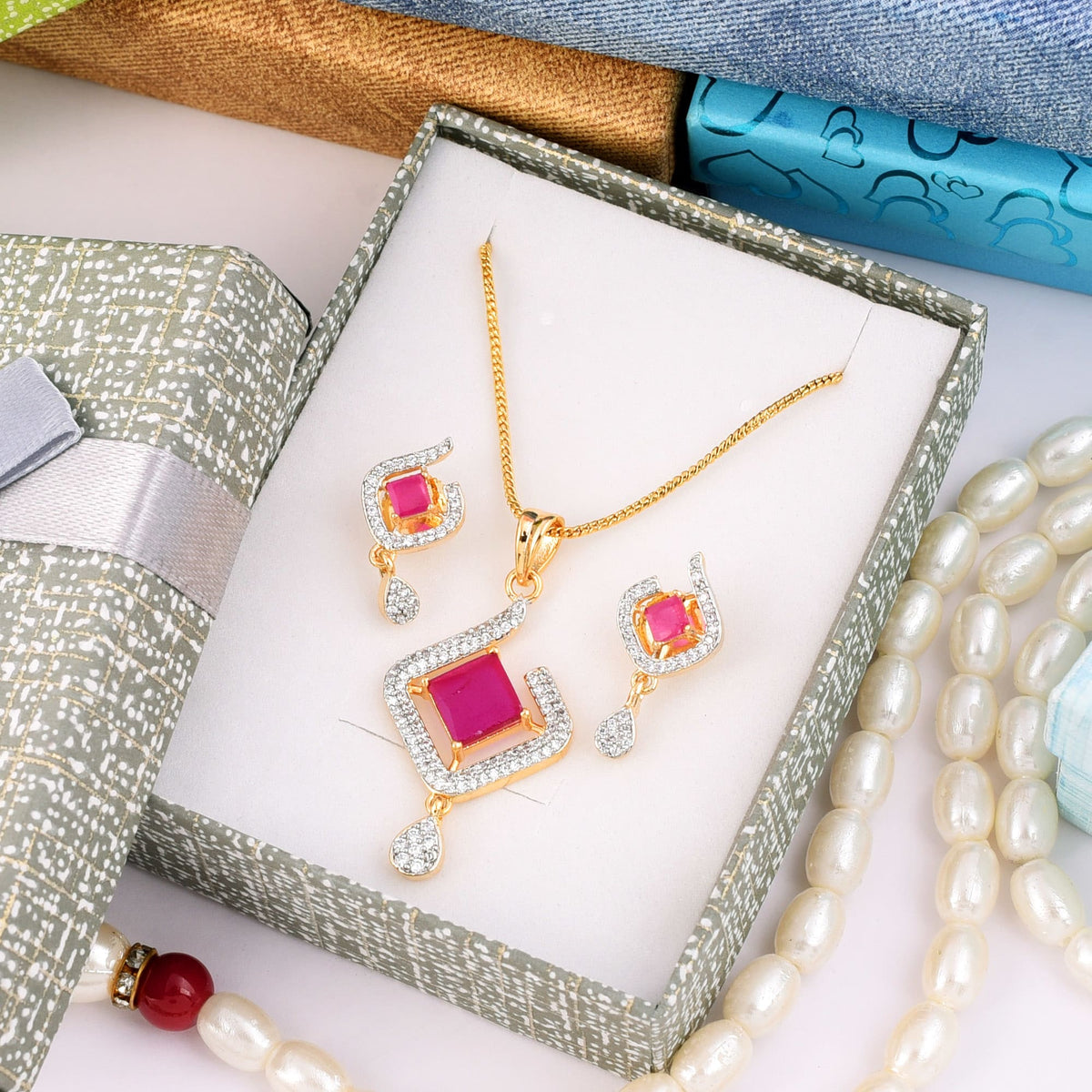 Ruby Radiance Diamond Ensemble Pendant Set with Chain