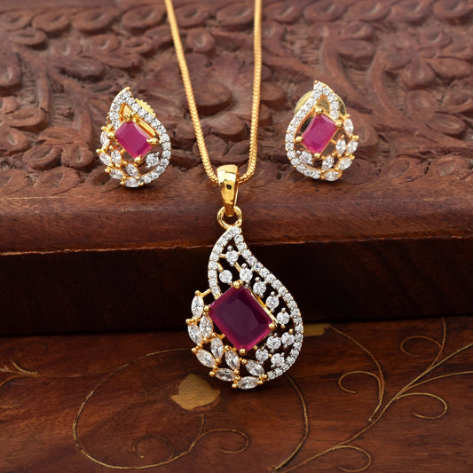 Ruby American Diamond Gold-Plated Pendant & Earring Set