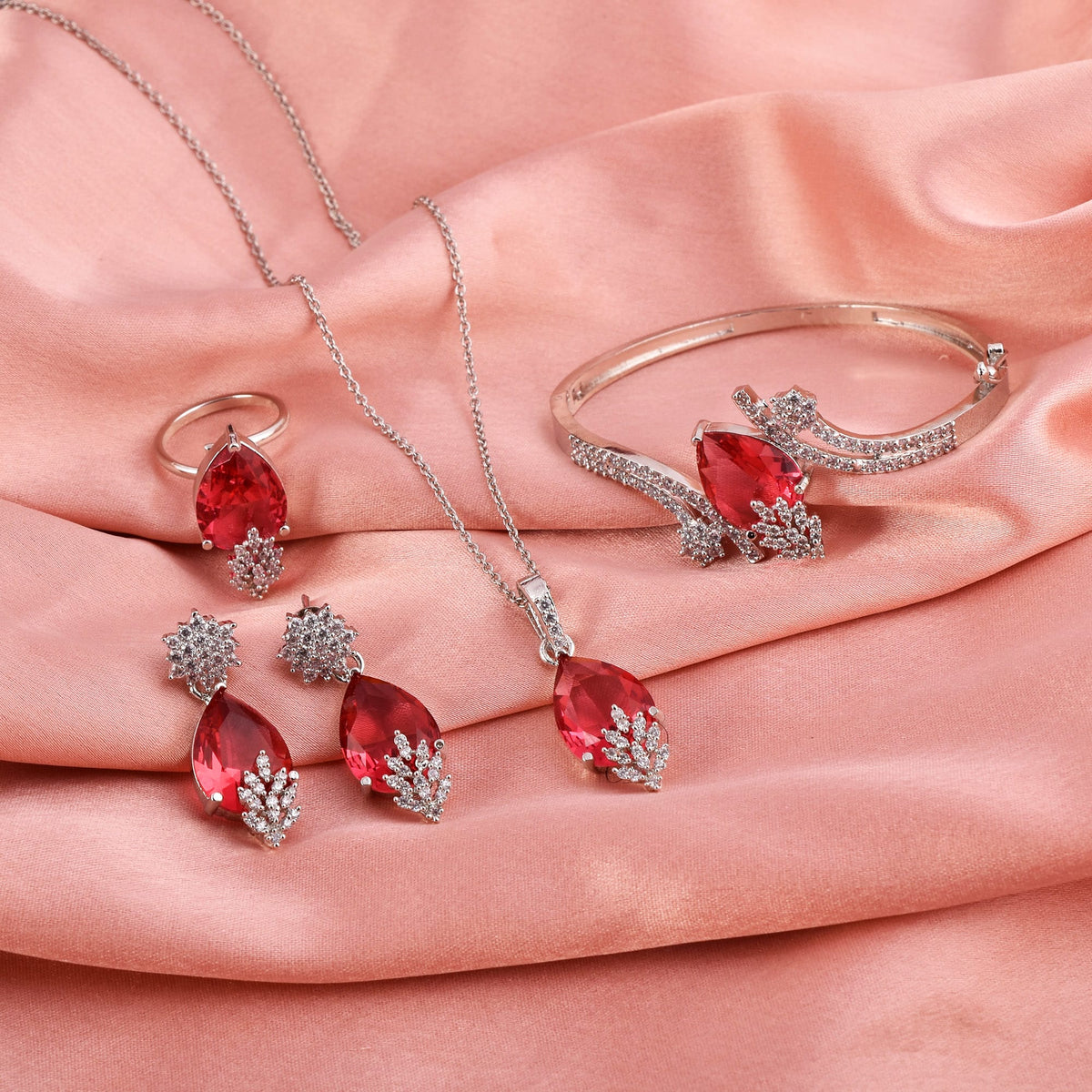 Gleaming Garnet Bracelet Ring Pendant Combo Set and Earrings with Adjustable Lock System