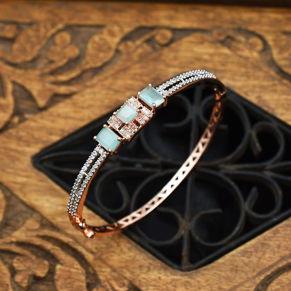 Zircon Diamond Studded Rose Gold Bracelet with Adjustable Lock System