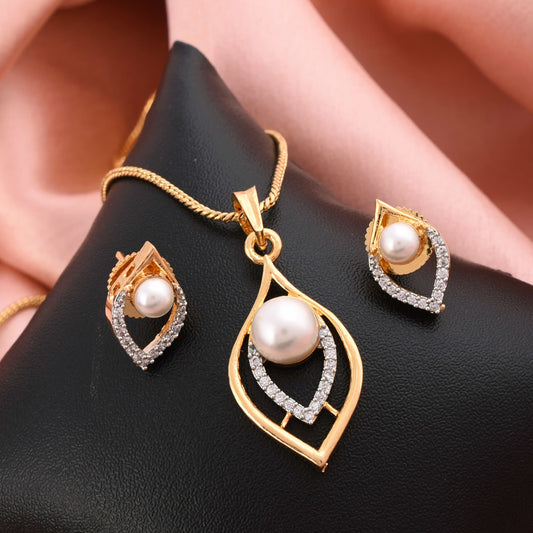 Gold Plated Pearl Pendant Set with Chain and Earrings