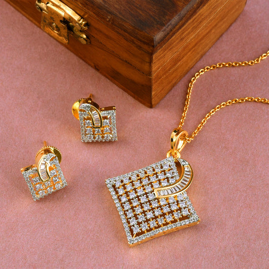 Zircon Diamond Studded Gold Plated Pendant Set with Chain