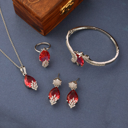 Gleaming Garnet Bracelet Ring Pendant Combo Set and Earrings with Adjustable Lock System