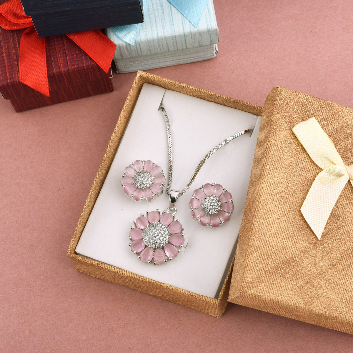Radiant Rouge Pendant Set with Chain and Earrings