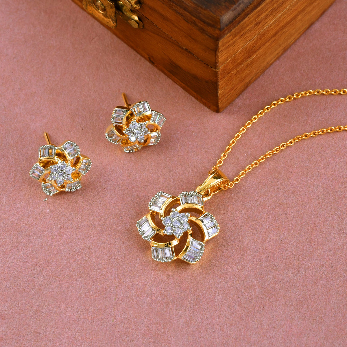 Lustrous Stardust Diamond Pendant Set with Chain and Earrings