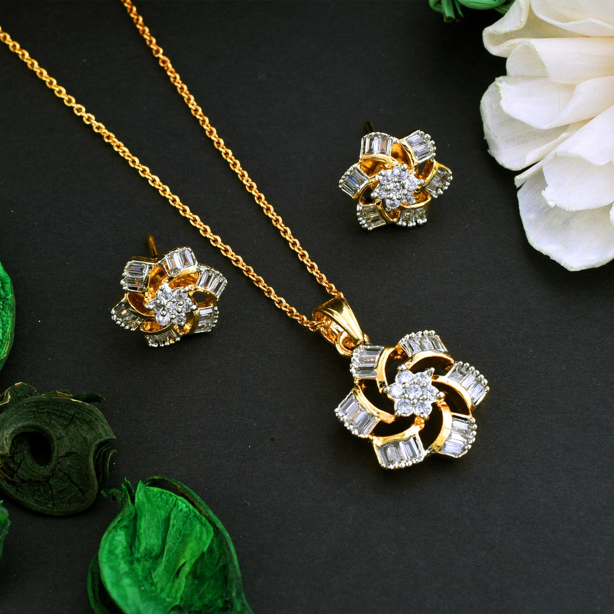Lustrous Stardust Diamond Pendant Set with Chain and Earrings