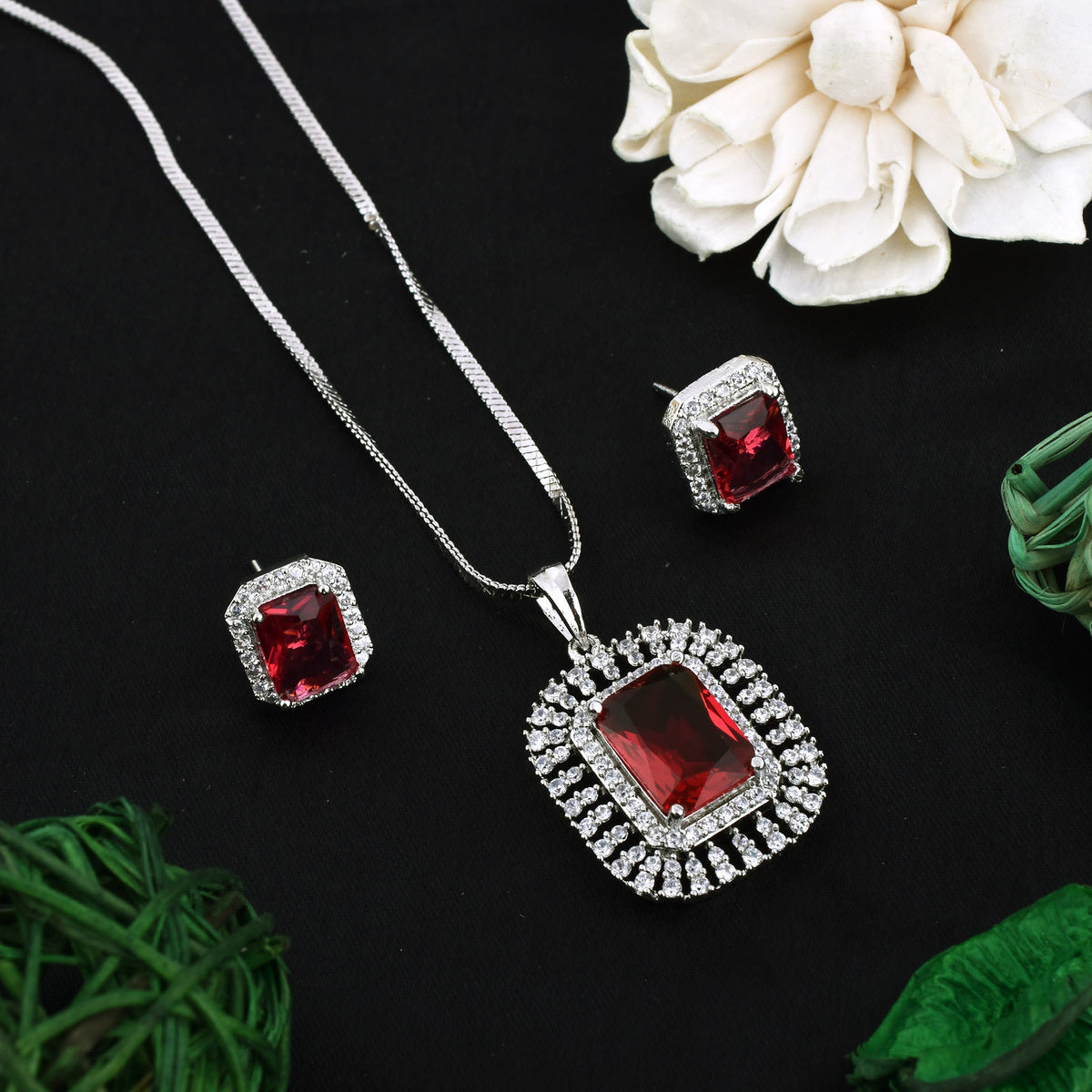 Majestic Garnet Cascade Pendant Set with Chain and Earrings