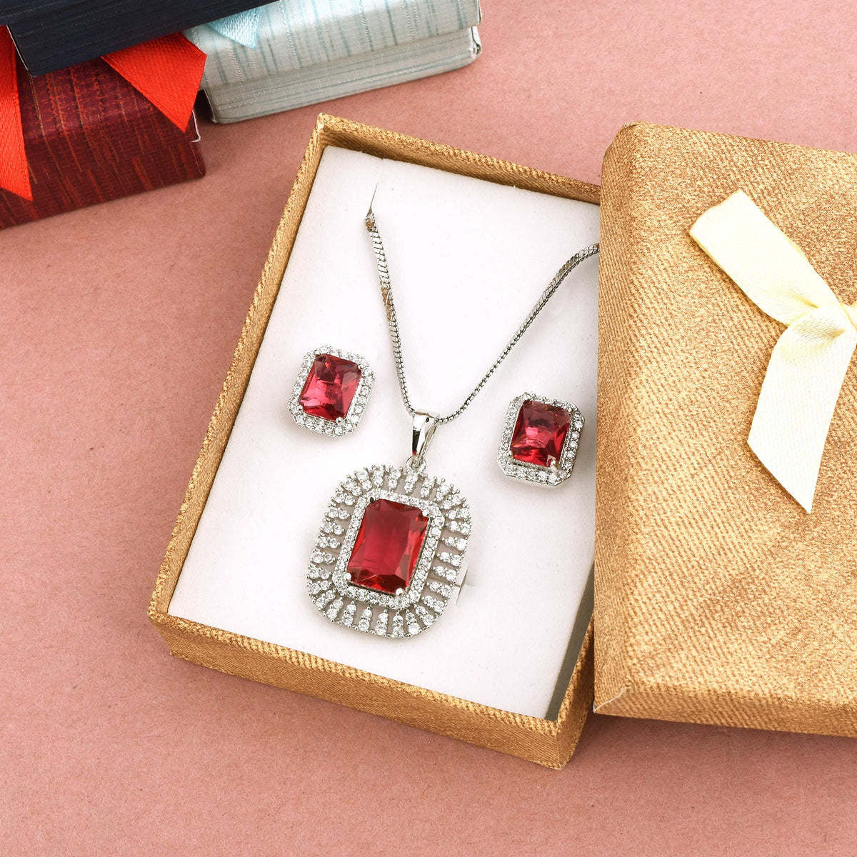 Majestic Garnet Cascade Pendant Set with Chain and Earrings