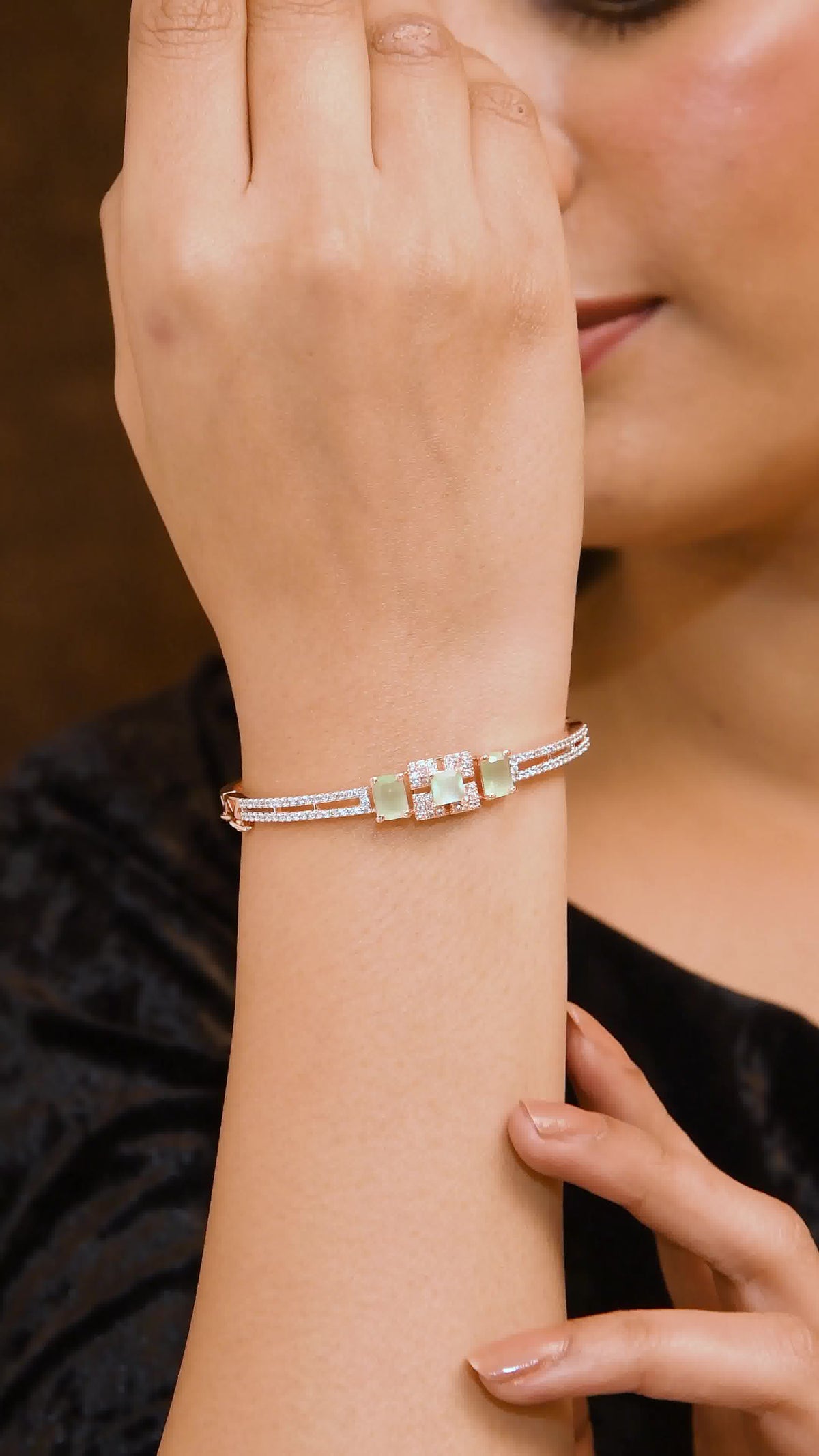 Zircon Diamond Studded Rose Gold Bracelet with Adjustable Lock System