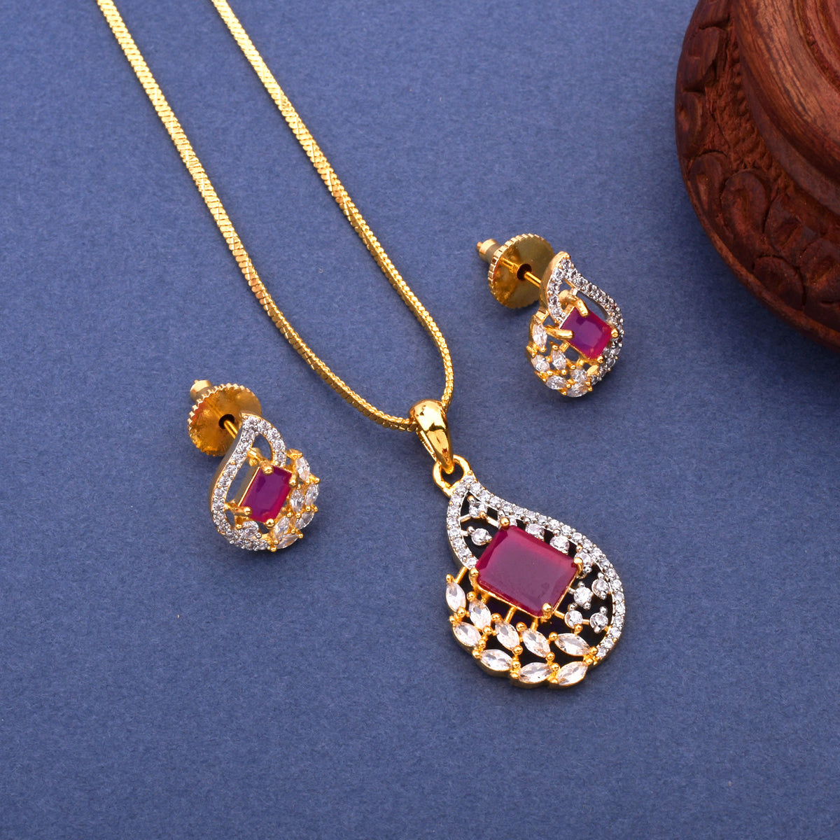 Ruby American Diamond Gold-Plated Pendant & Earring Set