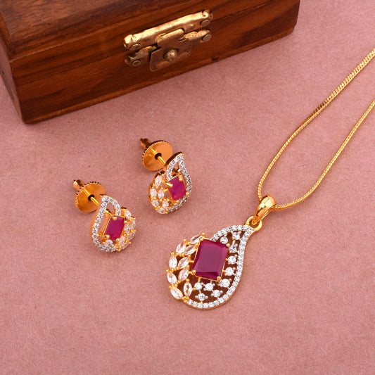Ruby American Diamond Gold-Plated Pendant & Earring Set