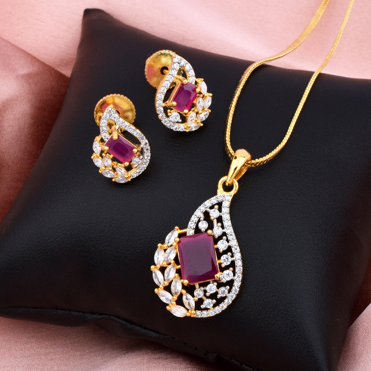 Ruby American Diamond Gold-Plated Pendant & Earring Set
