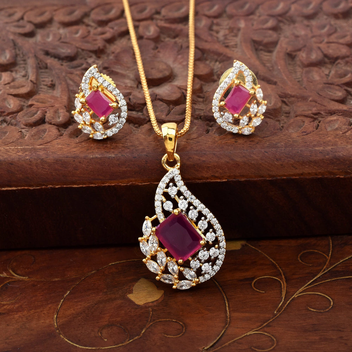 Ruby American Diamond Gold-Plated Pendant & Earring Set